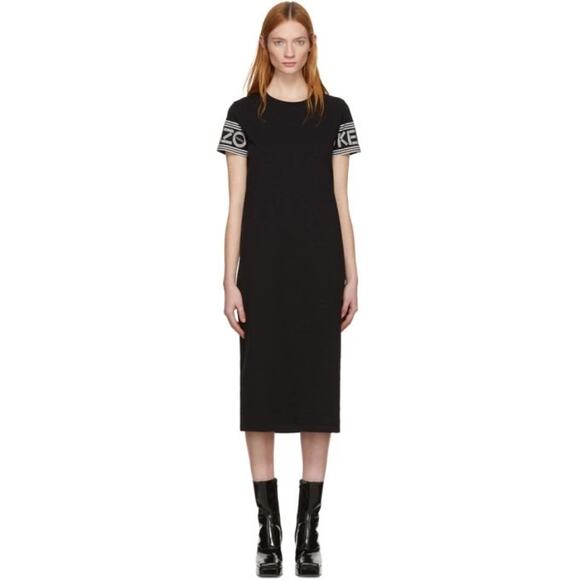 Kenzo Paris Black T-Shirt Logo Midi Shift Dress M Sport Sleeve Cotton Jersey - Picture 1 of 9